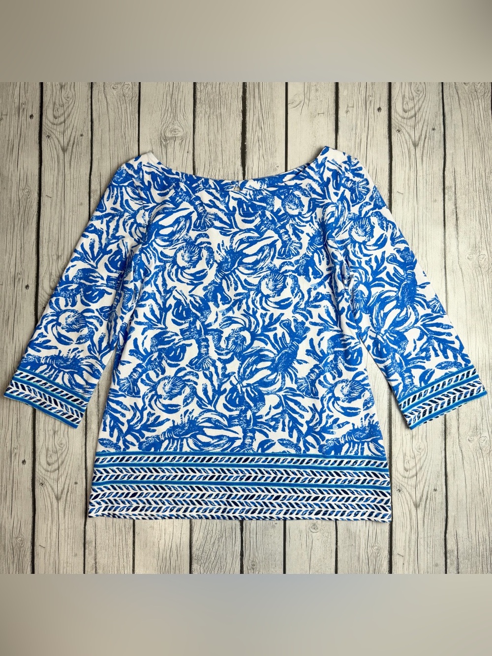 Lilly Pulitzer Women's M Waverly Top Blue Lobster On A Roll 3/4 Sleeve Shirt
